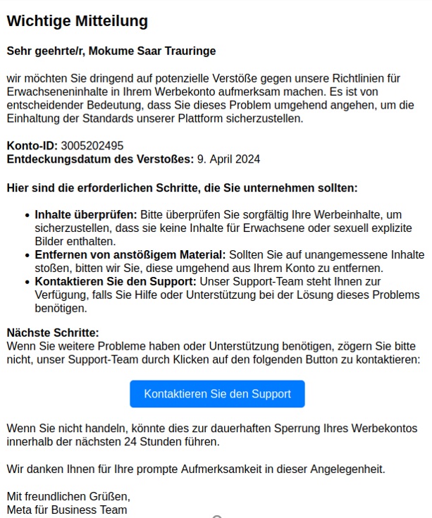 Phishing Report: Beispiel Phishing Mail Meta